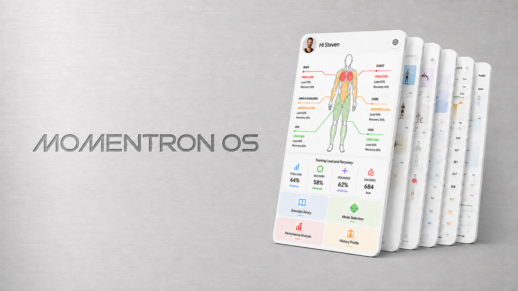 MOMENTRON OS athlete dashboard and connected training interface screens